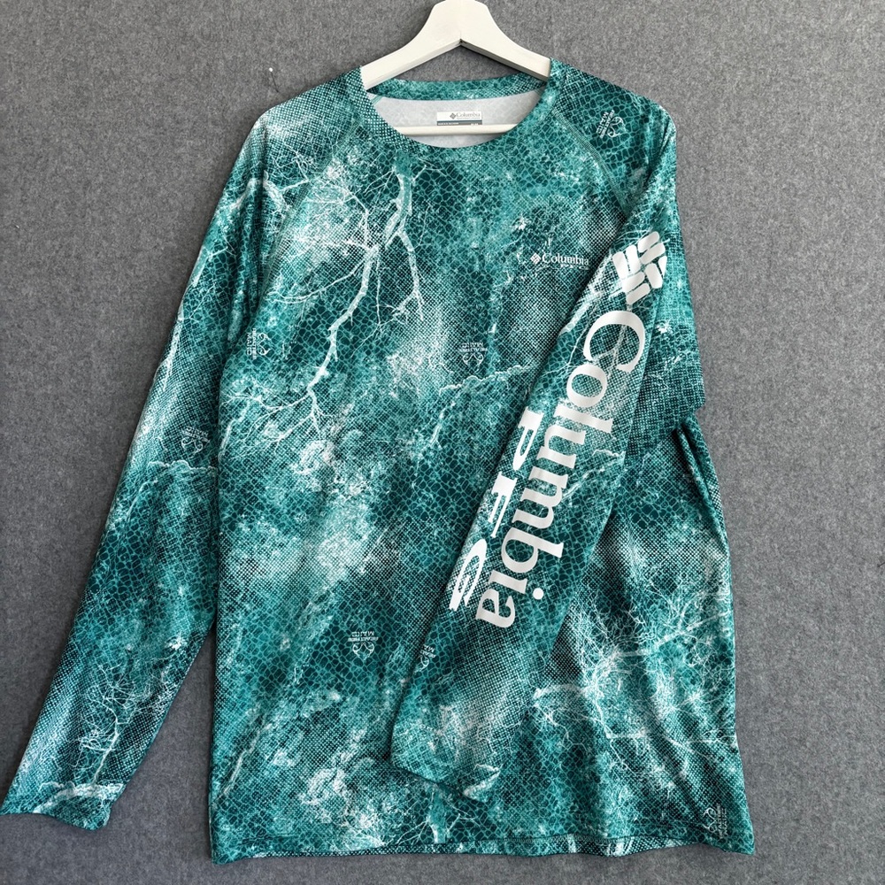 Columbia PFG Performance Long Sleeve Shirt (M) Aqua Multi Green